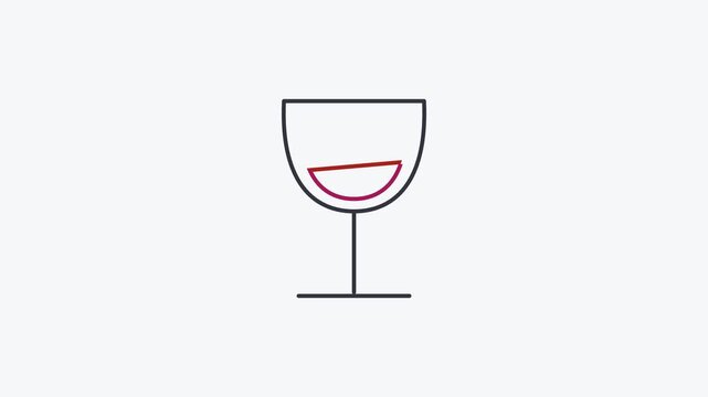Seamless 4K looping animation of a flat wine glass icon in purple and violet, centred on a clean light background with plenty of copy space. Simple two tone vector shapes and smooth motion. Horizontal