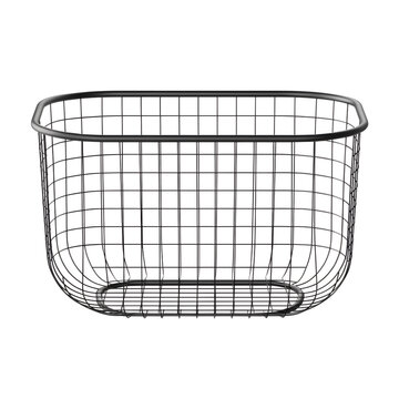 A modern black metal wire mesh storage basket with a rectangular rounded shape isolated on a white background   
