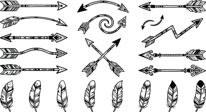 Tribal Bohemian Arrow and Feather Icon Set Featuring Hand Drawn Aztec Patterns, Crossed Pointers, Curved Bows, and Rustic Ornamental Native Graphic Vectors