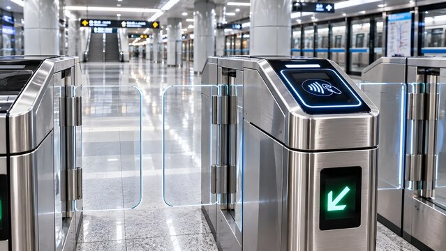 Modern automated metro fare gates with contactless payment technology in a public subway station
