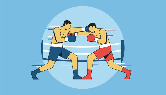 Two professional boxers wearing blue and red shorts compete fiercely during an intense match inside a boxing ring.