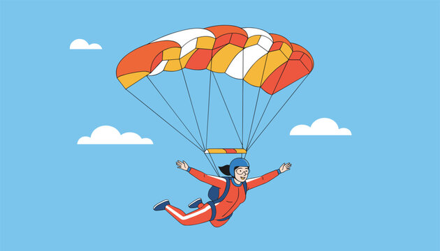 Brave female skydiver glides gracefully through the blue sky with a large orange, yellow, and white parachute.