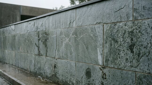 Grey stone wall texture, Slate cladding panels exterior, Modern architecture building facade, Natural weathered surface background