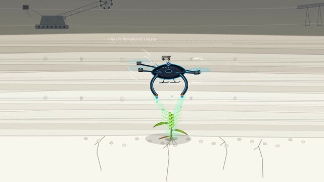 Animation of agricultural drone spraying synthetic orthophosphate mist on a solitary dwarf wheat plant in a barren landscape during the peak phosphorus crisis
