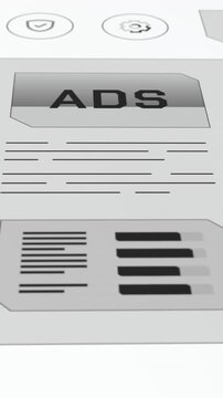 Close up portrait shot of clean grayscale interface tracking online ADS header, trend line graphs, and conversion percentage metrics.