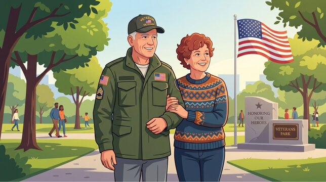 Senior veteran and wife walking in memorial park vector illustration