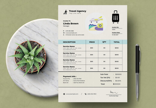 Modern Travel Agency Invoice Template Design Layout