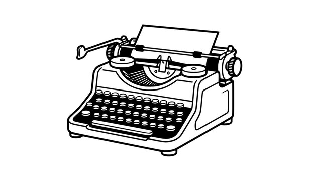 Vintage manual typewriter with paper sheet in black and white line art style typewriter equipment technology document journalism literature keyboard minimalist illustration