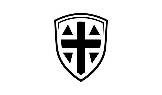 Heraldic shield crest with a central cross and geometric triangles heraldry protection medieval monochrome geometric triangle isolated minimalist insignia military