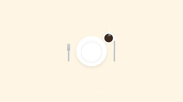 Animated Coffee Cup Appears on Dining Plate with Cutlery Simple Loop
