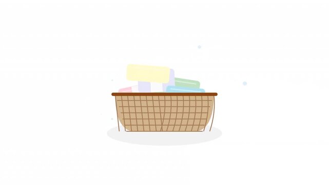 Animated Laundry Basket with Colorful Fabric Stack Cleanliness Concept Motion Graphic