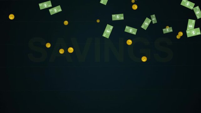 Animated Money Falling Down Over Savings Text Finance Concept