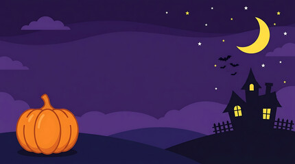 Fototapeta premium Halloween vector graphic background template featuring a carved orange pumpkin, haunted house silhouette, crescent moon, and flying bats under a starry purple night sky