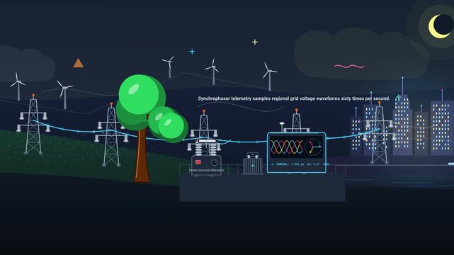 2D animation illustrating smart grid phasor measurement unit operation, showing how automated intelligence and vacuum circuit breakers isolate faults to prevent cascading blackouts