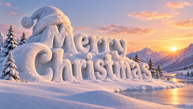 Merry Christmas Snow Sculpture in Winter Mountain Landscape at Sunrise