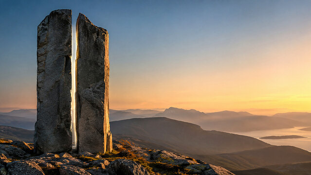 Twin slate monoliths on mountain peak for website banner background