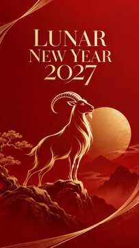 Lunar New Year 2027 Year of the Goat Red and Gold Poster