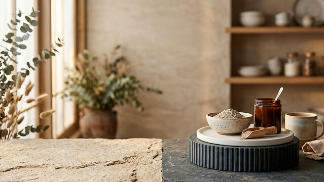 Dark Slate Fluted Podium for Organic Product Display Mockup