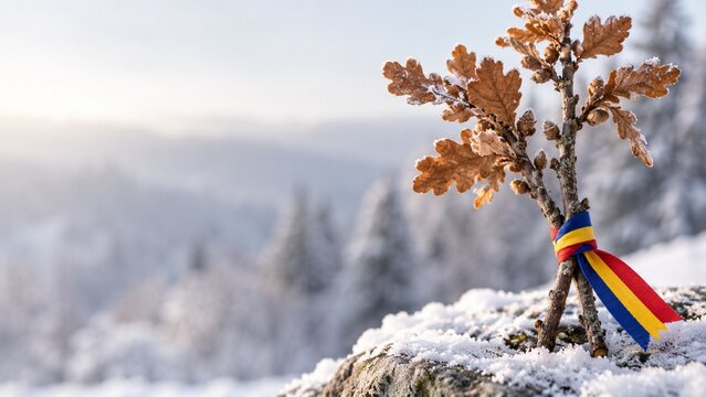 Romanian unification day winter concept with snowy oak branch tied with tricolor ribbon against mountain landscape