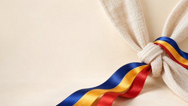 Woven linen knot with romanian tricolor ribbons concept for unification day january 24 celebration on beige background