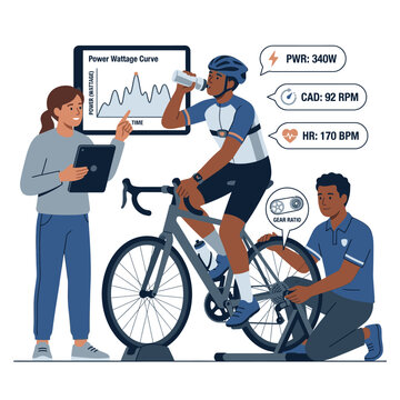 Flat vector illustration of a cyclist undergoing indoor performance testing and bike fitting with a coach and technician analyzing data