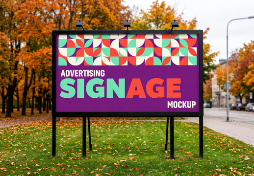 Horizontal Outdoor Billboard Mockup in Autumn Park