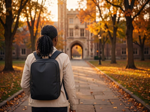 young black female international student with ponytail and black backpack walking on autumn campus for study abroad higher education banner ad