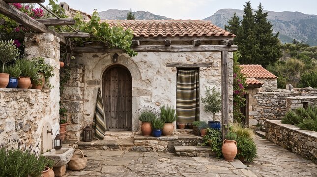 Rustic stone cottage with terracotta roof and potted plants in a garden