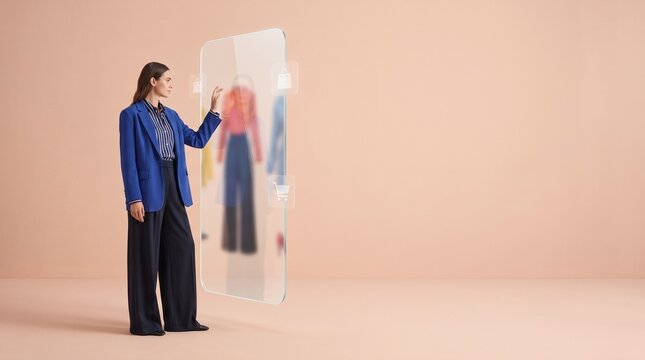 A woman using a futuristic digital interface to browse and select clothing items in a virtual store.