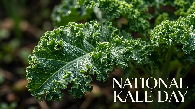 Fresh curly kale leaves with water droplets for national kale day
