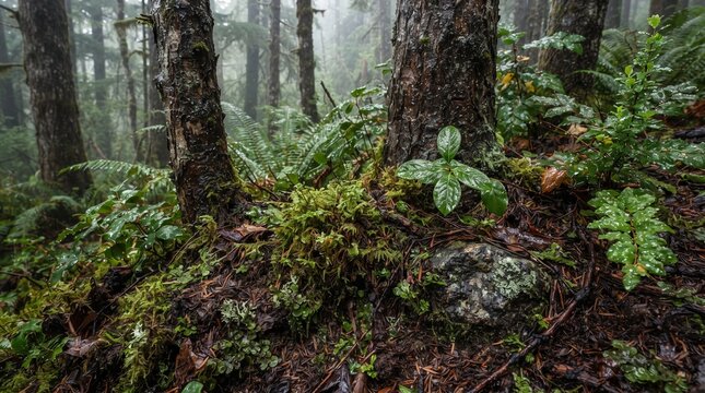 Lush green ferns and mossy tree trunks in a misty temperate rainforest
