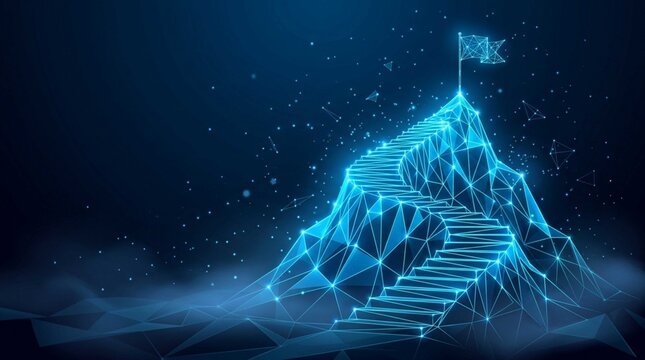 Glowing digital mesh mountain with stairs lead to flag symbolizing corporate success career growth and strategic business achievement