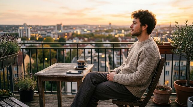 Man placing smartphone on table during sunset on balcony with city