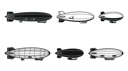 Set of six black zeppelin airship silhouettes on white background © Pixora