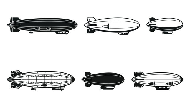 Set of six black zeppelin airship silhouettes on white background