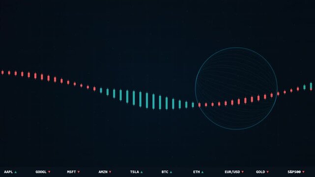 Digital stock market chart with candlestick bars trending data futuristic interface and circular indicator