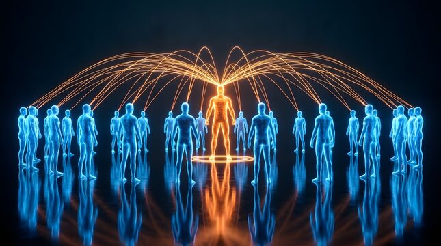 Central glowing orange figure connected to a circle of blue digital human silhouettes