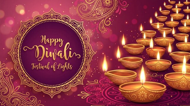 Diwali, Deepavali or Dipavali the festival of lights india with gold diya patterned and crystals on paper color Background