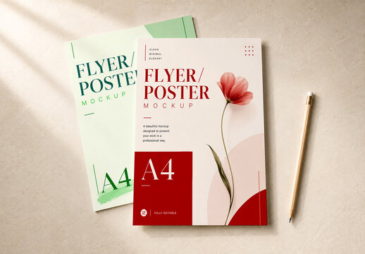 Stacked A4 Flyer and Poster Mockup with Pencil