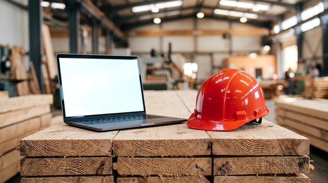 Laptop with blank white screen and red safety hard hat on wooden planks in a modern carpentry workshop for industrial digital transformation and workplace safety concept