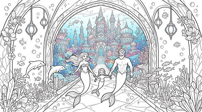 Underwater kingdom coloring page featuring a mermaid family swimming towards a castle gate surrounded by corals and marine life