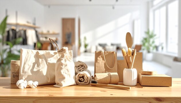 Sustainable Eco Friendly Shopping Collection Featuring Reusable Fabric Bags and Recycled Paper Packaging for Conscious Consumer Lifestyle