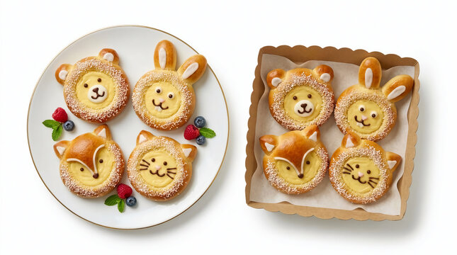Delicious handmade animal shaped pastries featuring cute bear rabbit fox and cat designs for children's snack