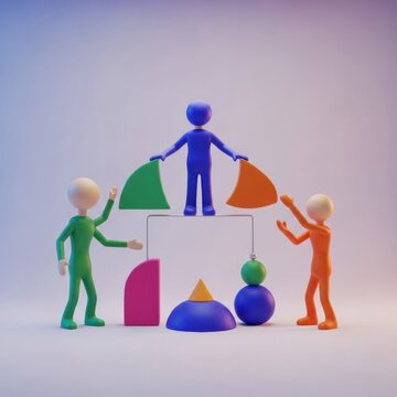 3D render of three stylized humanoid figures collaborating to assemble various colorful geometric shapes including spheres and quadrants on a clean, light studio background.