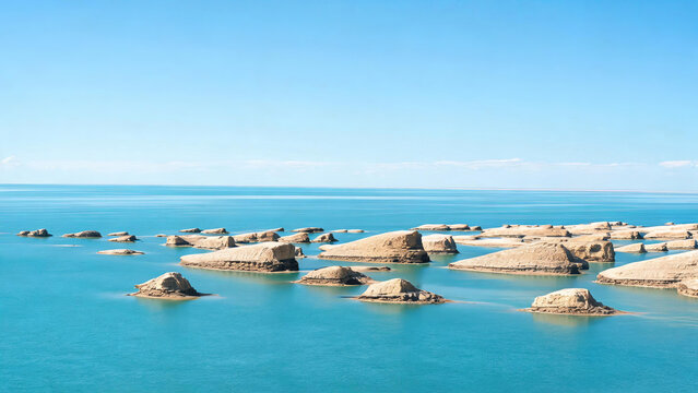 Water-eroded yardang landforms stand in a clear blue lake under a bright cloudless sky, forming a serene natural landscape.