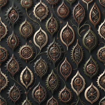 Steampunk seamless pattern with intricate mechanical metallic seeds and cogs over dark background.