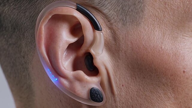 Macro Close Up of Futuristic Bionic Hearing Aid and Prosthetic Ear