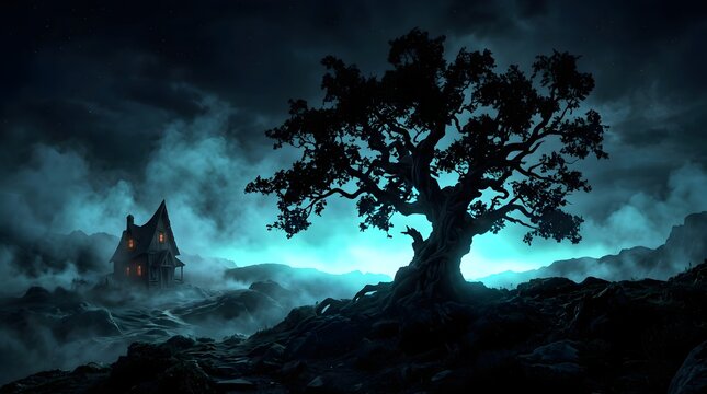 Spooky tree silhouette and haunted house at night. Misty landscape with glowing cyan moonlight