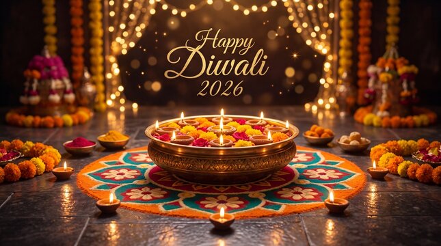 Happy Diwali 2026 Background with Rangoli, Floating Diya Oil Lamps and Festive Lights