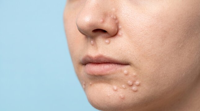 Macro view of a person's lower face displaying multiple contagious viral blisters or pox lesions around the mouth and nose.